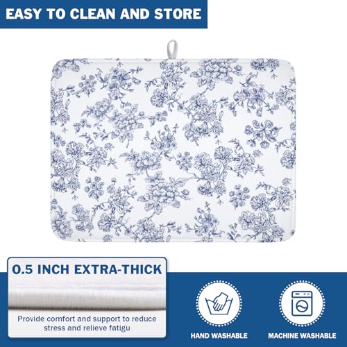 Blue Floral Dish Drying Mat for Kitchen Counter Chinoiserie Flower Microfiber Dish Drainer Mat Vintage Rustic Elegant Absorbent Washable Drying Pad Extra Large 18"x24" (Elegant Blue Flower / 24" x 18")