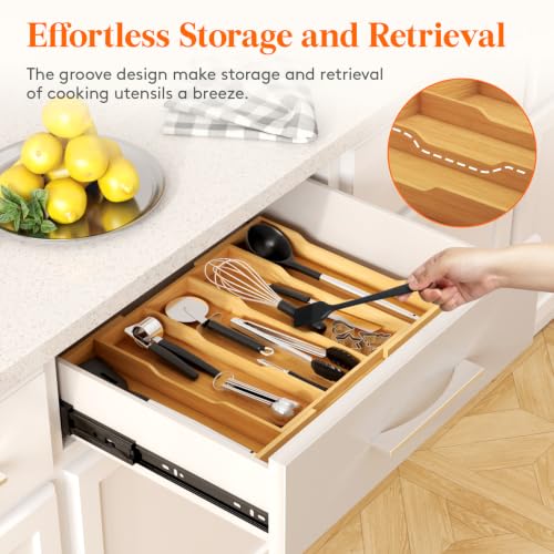Bamboo Utensil Organizer for Kitchen Drawer (Natural / 12.6~22.8''W x 14'' D)