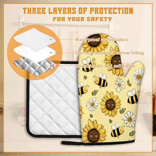 Sunflower Bee Oven Mitts and Pot Holders Set (Sunflower Bee Daisy)
