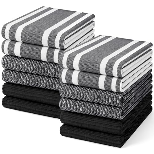 Cotton 380 GSM Premium Kitchen Towels (Black / 18" X 28" - 12 Pack)