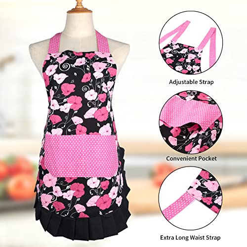 Cotton Kitchen Apron with Pocket (Pink+black-morning Glory)