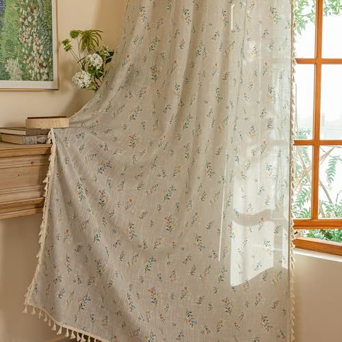 Boho Floral Linen Curtains 96 Inches Long Vintage Farmhouse Bohemian Spring Patterned Semi Sheer Window Treatments with Tassel Back Tab Living Room Bedroom (Blue and Orange / 50"W x 96"L (Pack of 2))