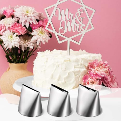 3 PCS Piping Tips Set Large Frosting Piping Kit Stainless Steel Cake Icing Nozzles Tips Decorating Tools Silver Pastry Bags Tips Accessories for Cookie Cupcake Baking Buttercream Supplies