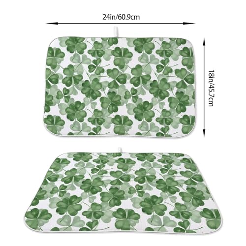 St Patricks Day Dish Drying Mat 18 x 24 inch Dark Green Clover Print Decorative Drying Mats Microfiber Absorbent Shamrock Dish Washable Draining Mat for Kitchen Counter Decor (24" x 18" / Dark Green Clover)