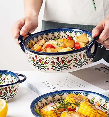 Vintage Style Tulip Flower Pattern Ceramic Bakeware Casserole Dish Baking Pan Lasagna Pans Baking Dish with Handles for Oven (Tulip / 32 OZ)