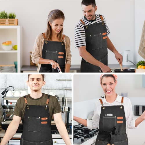 Chef Apron for Men Women Canvas Aprons with 3 Pockets Cross Back Resistant Work Apron for Cooking Grilling Baking BBQ Barber Kitchen (Pure Black)