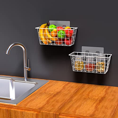 Wall Wire Baskets Adhesive Basket Hanging Kitchen Baskets No Drilling for Cabinet & Pantry Organization and Kitchen (WHITE / 4 PACK)