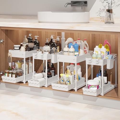 4-Pack 2-Tier Under Sink Organizer with Pull Out Drawers (White / 14.8 Inch)