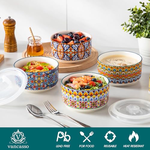 SIMI 36 oz Ceramic Bowls with Lids Set of 4 (Bohemian / 36 OZ (Set of 4))