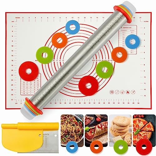 Rolling Pin Rolling Pins Thickness Rings and Silicone Baking Pastry Mat Set