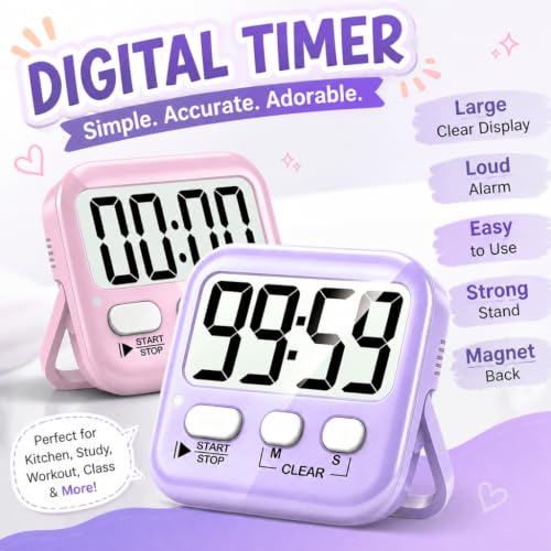2 Pack Digital Timer for Kids Classroom Kitchen Timers for Cooking (2 * Pink + Purple)