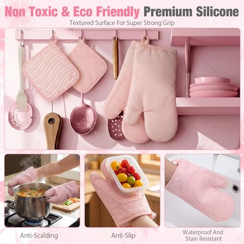 Pink Oven Mitts and Pot Holders 7 Sets (Pink White / Rubber Cotton / Stripes)