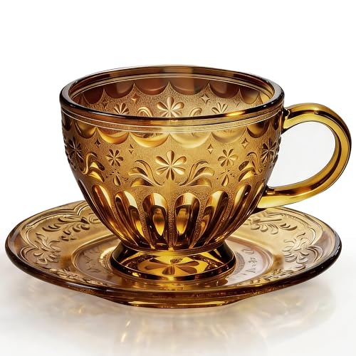 Vintage Glass Tea Cup and Saucer Set (Golden Amber)