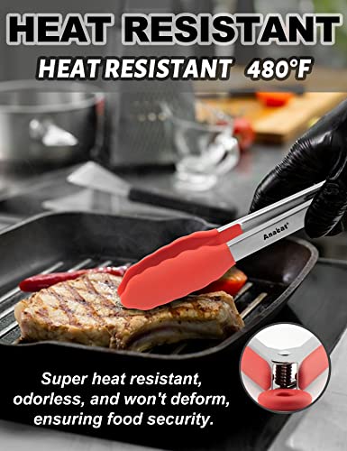 Non Stick Silicone Locking Tong Set of 3 (7+9+12 Inch / 3 Pcs Silicone - Red)