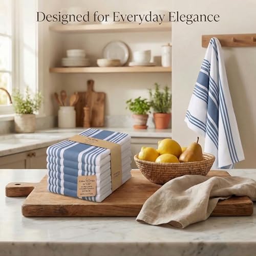 Kitchen Towels 100% Cotton Dish Towels for Kitchen (20" x 30" (Set of 6) / 001 Indigo Blue/White)