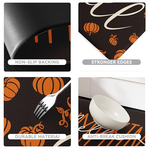 Fall Autumn Pumpkin Black Kitchen Rug Sets 2 PCs (Black / 17.3"x29"+17.3"x47"-0.4"H)