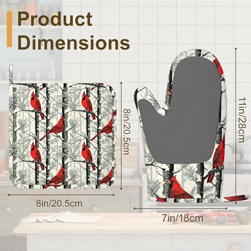 Red Cardinal Birds Oven Mitts and Pot Holders Set of 4 (Red Cardinal Birds)