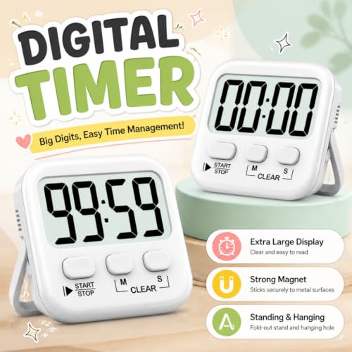 2 Pack Digital Timer for Kids Classroom Kitchen Timers for Cooking (Pure White *2)