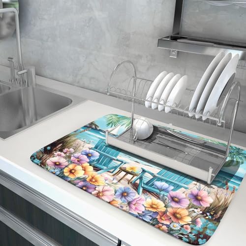 Spring Summer Sea Chair Dish Drying Mat for Kitchen Counter (18" x 24")