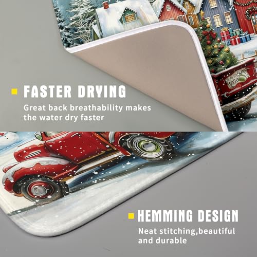Christmas Dish Drying Mat for Kitchen Counter 18x16 Inch Xmas Red Truck Drying Mat with Absorbent Reversible Microfiber House Snowman Winter Dish Drainer Mats Rack Pad for Coffee Countertop Protector (Red Truck / 18" x 16")