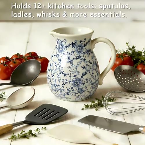 Farmhouse Ceramic Utensil Holder (Blue white)