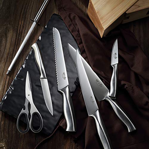 Knife Set 8 Piece German Stainless Steel Hollow Handle Manual Knife Sharpener Forged Kitchen Knives Set with Oak Wooden Block Gift