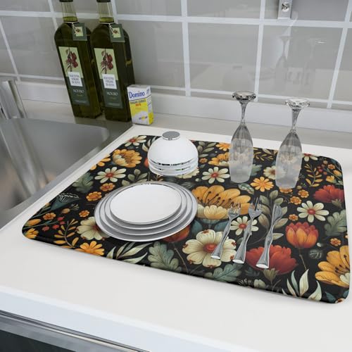 Vintage Boho Floral Dish Drying Mat for Kitchen Counter (18" x 24")