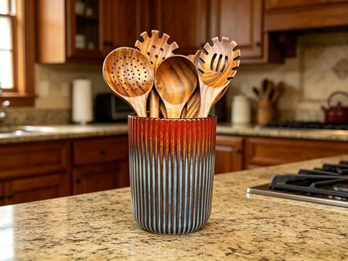 Large Stoneware Kitchen Utensil Holder for Kitchen Counter & Countertop Cooking Utensil Holder Spatula Holder Utensil Crock for Kitchen Counter Vertical Ribbed Fluted Stripe (Retro Red)