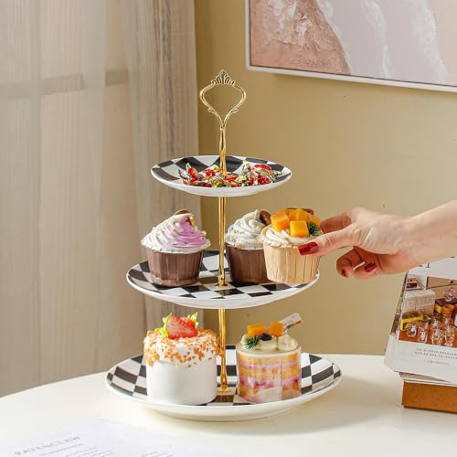 3 Tier Checkered Ceramic Cupcake Stand (Black)
