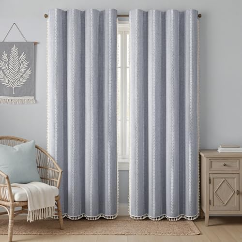 Blue 100% Boho Blackout Curtains 84 Inch 2 Panels with Tassels (Blue / 52"W x 84"L (Pack of 2))