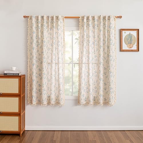 Blue Floral Semi Sheer Boho Linen Curtains 63 Inch Length 2 Panels for Living Room Bedroom Light Filtering Spring Vintage Farmhouse French Tassels Back Tab Drapes (Blue / 50"W x 63"L (Pack of 2))