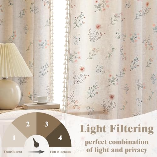 Boho Floral Light Filtering Curtains 63 Inch 2 Panels Linen Texture (Light Filtering Vintage Florals / 52"W x 63"L (Pack of 2))