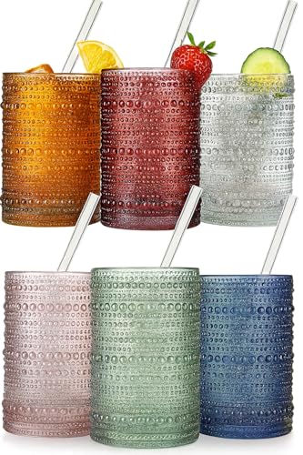Hobnail Drinking Glasses & Straws (Neutral Muted Colors)