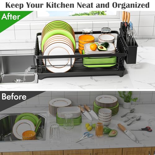 Dish Drying Rack for Small Kitchen Counter with Utensil Holder (Black)