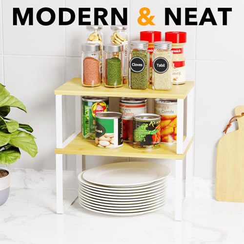 Cabinet Shelf Organizers 2 Pack (11.7"W / White + Natural)