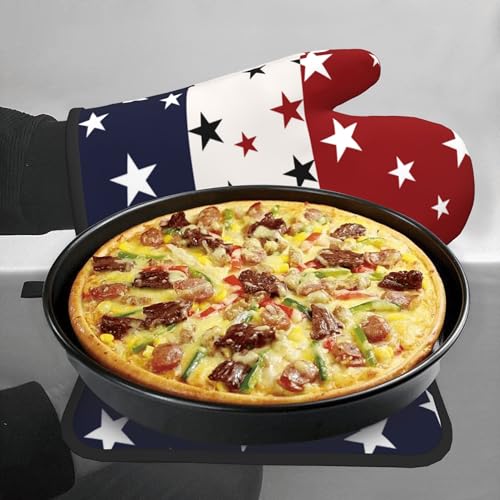 Red White and Blue Oven Mitts and Pot Holders Sets Patriotic American Flag StripedKitchen Mitts 4th of July Hot Pads for Cooking BBQ Baking Grilling (Red White Blue Stars Striped Flag)