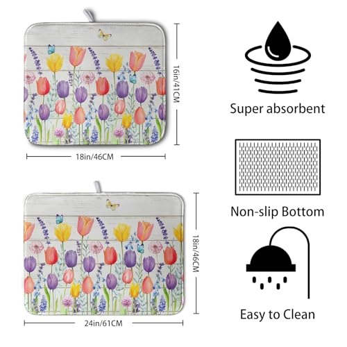 Tulip Floral Dish Drying Mat for Kitchen Counter Watercolor Spring Flower Dish Mat Absorbent Microfiber Dish Draining Mat Reversible Heat Resistant Dishes Pad Large 16 x 18 Inch (Spring Tulip Colorful / 16" x 18")