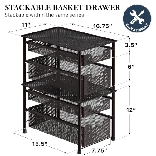 Stackable 2 Tier Sliding Basket Organizer Drawer (2-Tier / Bronze)
