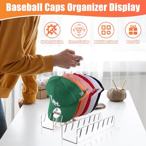Hat Organizer for Baseball Caps Hat Rack Acrylic Hat Stand 2Pack No Install (Clear-2Pack)