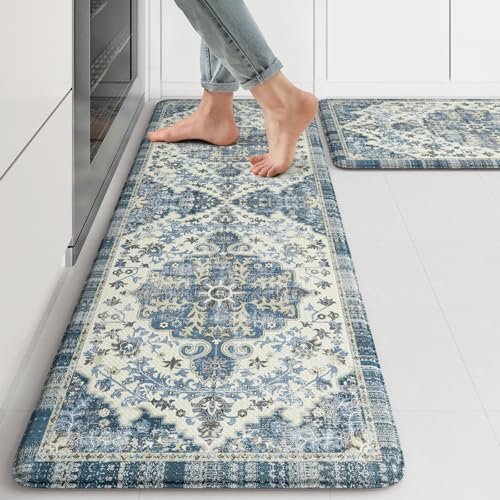 Anti Fatigue Kitchen Mats (Blue/Multi / 17.3" x 47"+17.3" x 29"--0.47 inches)