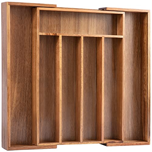 Acacia Silverware Organizer Kitchen Drawer Organizer Expandable Bamboo Utensil Holder Cutlery Tray for Kitchen Utensil and Flatware Bedroom Office (Acacia / 7 Slots Expandable)