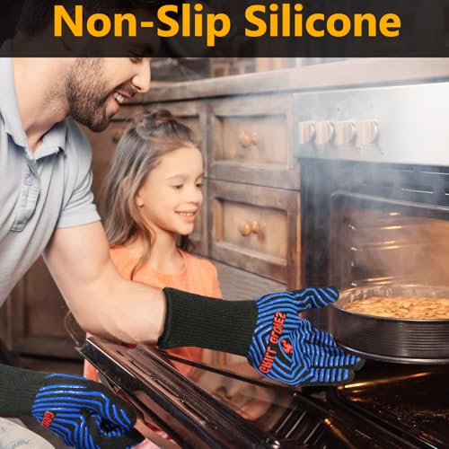 BBQ Gloves Oven Gloves 1472℉ Extreme Heat Resistant (Black Blue / One Size Fits Most(Long Cuff))