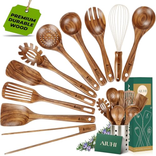 11 Piece Natural Teak Wood Kitchen Utensil Set with Holder