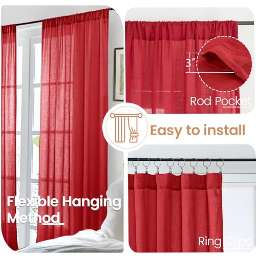 Red Linen Cafe Curtains 36 Inch Length (Red / 24"W x 36"L (Pack of 2))