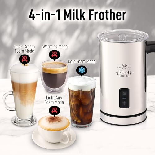 Zulay 4-in-1 Milk Frother & Steamer – Hot & Cold Foam Maker, Milk Warmer & Chocolate Stir – Automatic Temp Control, Nonstick Double-Wall Stainless Steel Jug, Auto Shut Off, 360° Base – Aero Silver (Iron Silver / Frother Steamer)