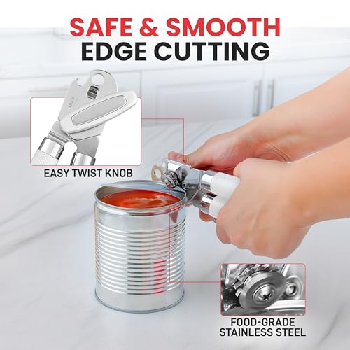 Heavy Duty Stainless Steel Can Opener Manual with Large Bottle Opener (Side Bottle Opener Design / White)