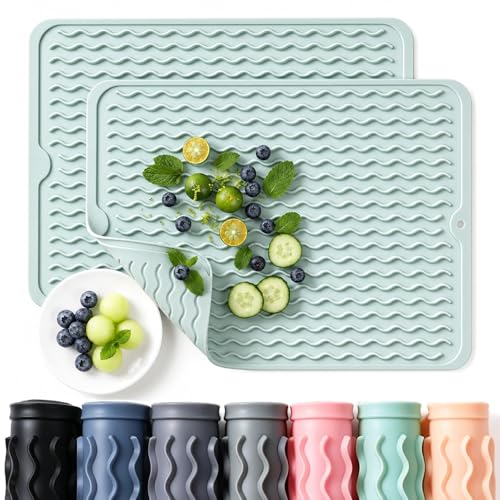 2 Pack Caketime Silicone Dish Drying Mat for Kitchen Counter Baking Cooking Grilling Tools Coffee Must Haves Household Dining Finds Dryer Work Place Covers Rubber Rug Extra Large 24"x18" Green (Green / 24"*18")