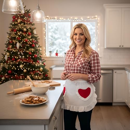 Waist Apron Kitchen Cooking Restaurant Cotton Bistro Half Aprons with Pockets For Girl Woman (White With Red Hearts)