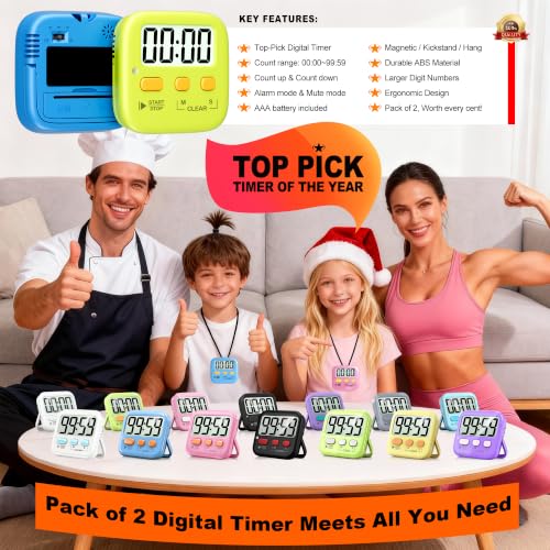 2 Pack Digital Timer for Kids Classroom Kitchen Timers for Cooking (2 * Green+ Sky Blue ( 95%+select for Kids ))