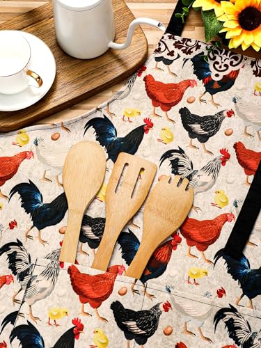 4 Pcs Rooster Aprons for Women with Pockets Rustic Farmhouse Apron (Rooster / Red)